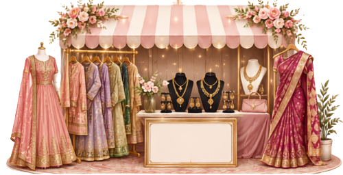 Mayees Pop-Up Expo stall display with sarees, dresses and fashion jewellery