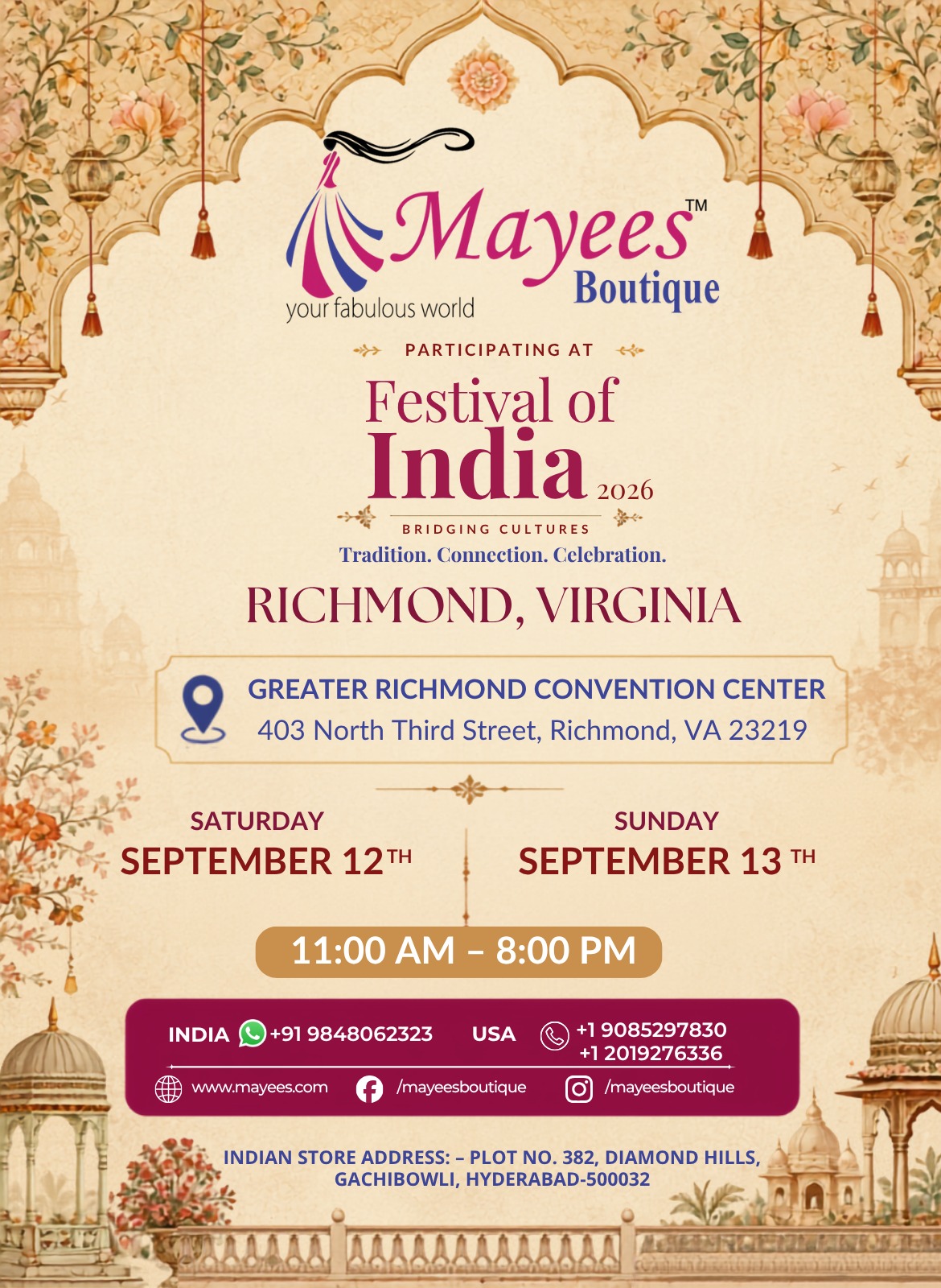 Mayees Boutique participating at Festival of India 2026, Richmond, VA